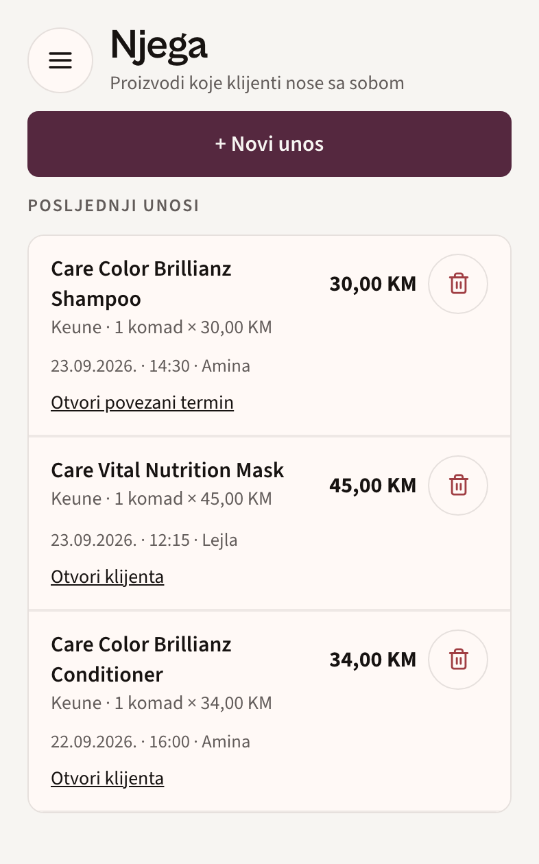 Ogledna evidencija njege: šampon, maska i regenerator s cijenama, datumima i zaposlenicima.