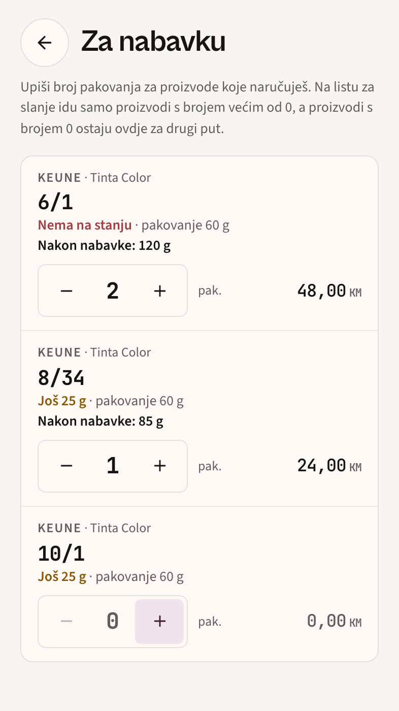 Popis za nabavu s bojama kojih ponestaje, brojem pakiranja i ukupnom cijenom.